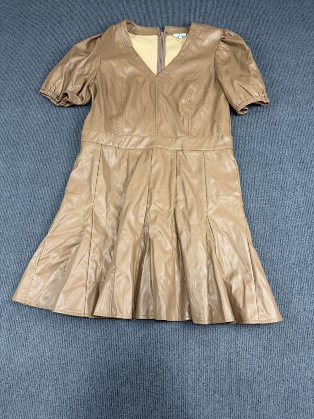 VOY Womens Brown Faux Leather Puff Sleeve Pleated Dress L